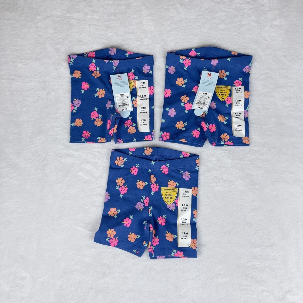 Lot of 3 Cat & Jack Bike Shorts Baby Girls 12M Blue Floral Extra Durable Knee‎